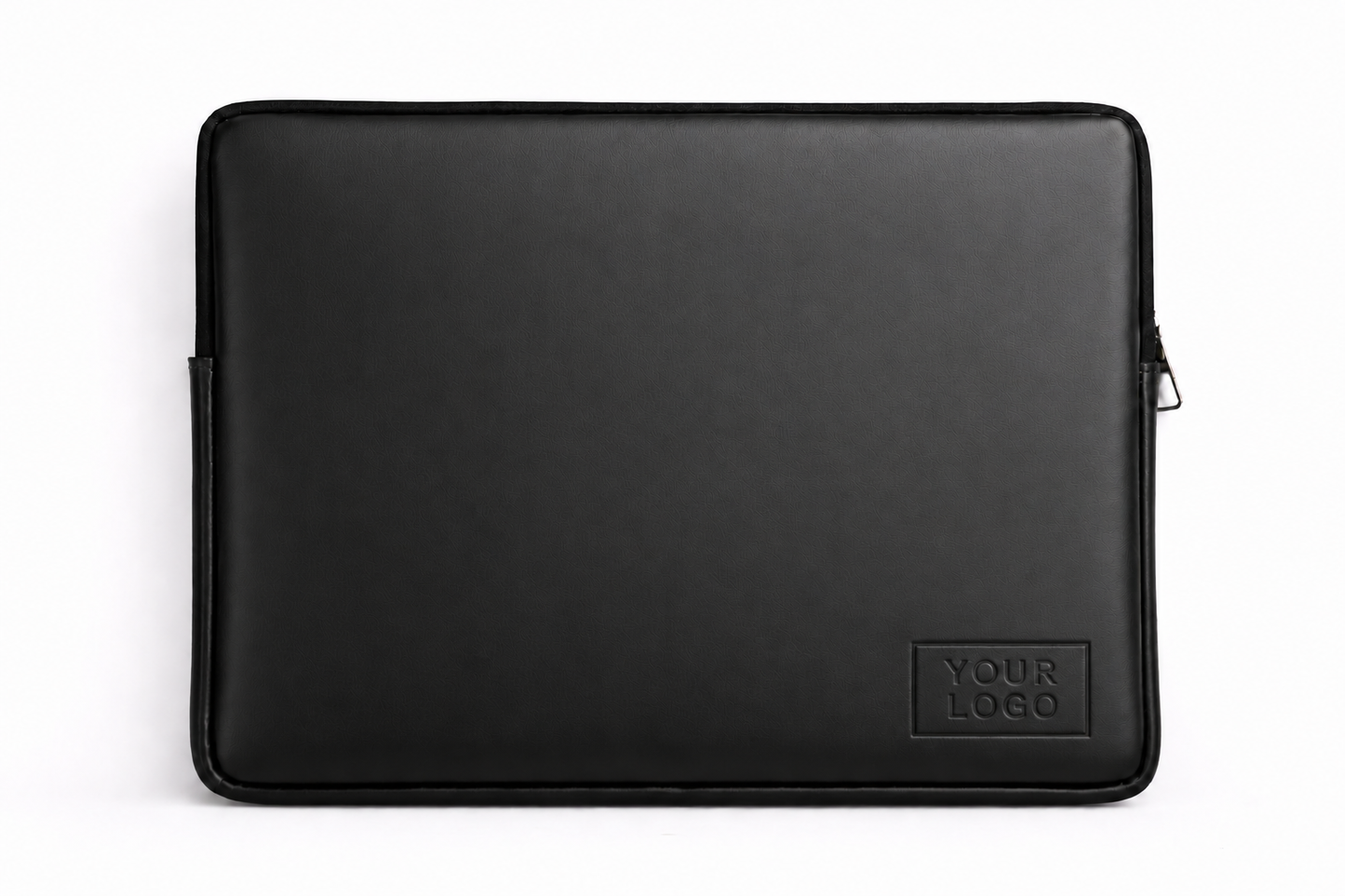 Black ROND leather laptopsleeve with 'Your Logo' on a white background