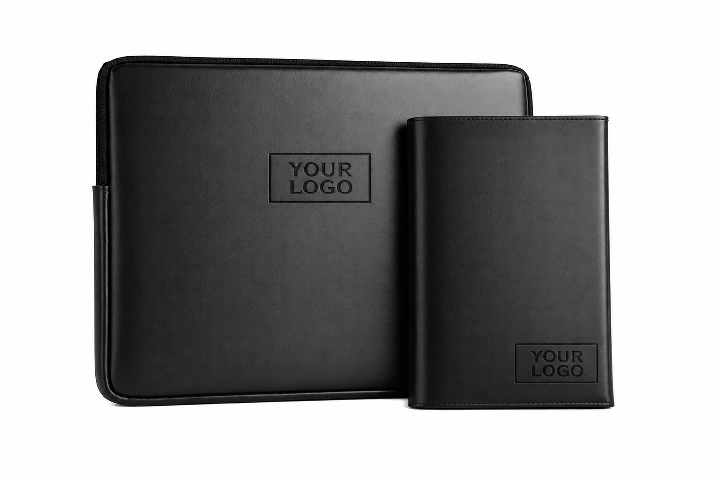 Black leather laptopsleeve and notebook with 'Your Logo' placeholder on a white background