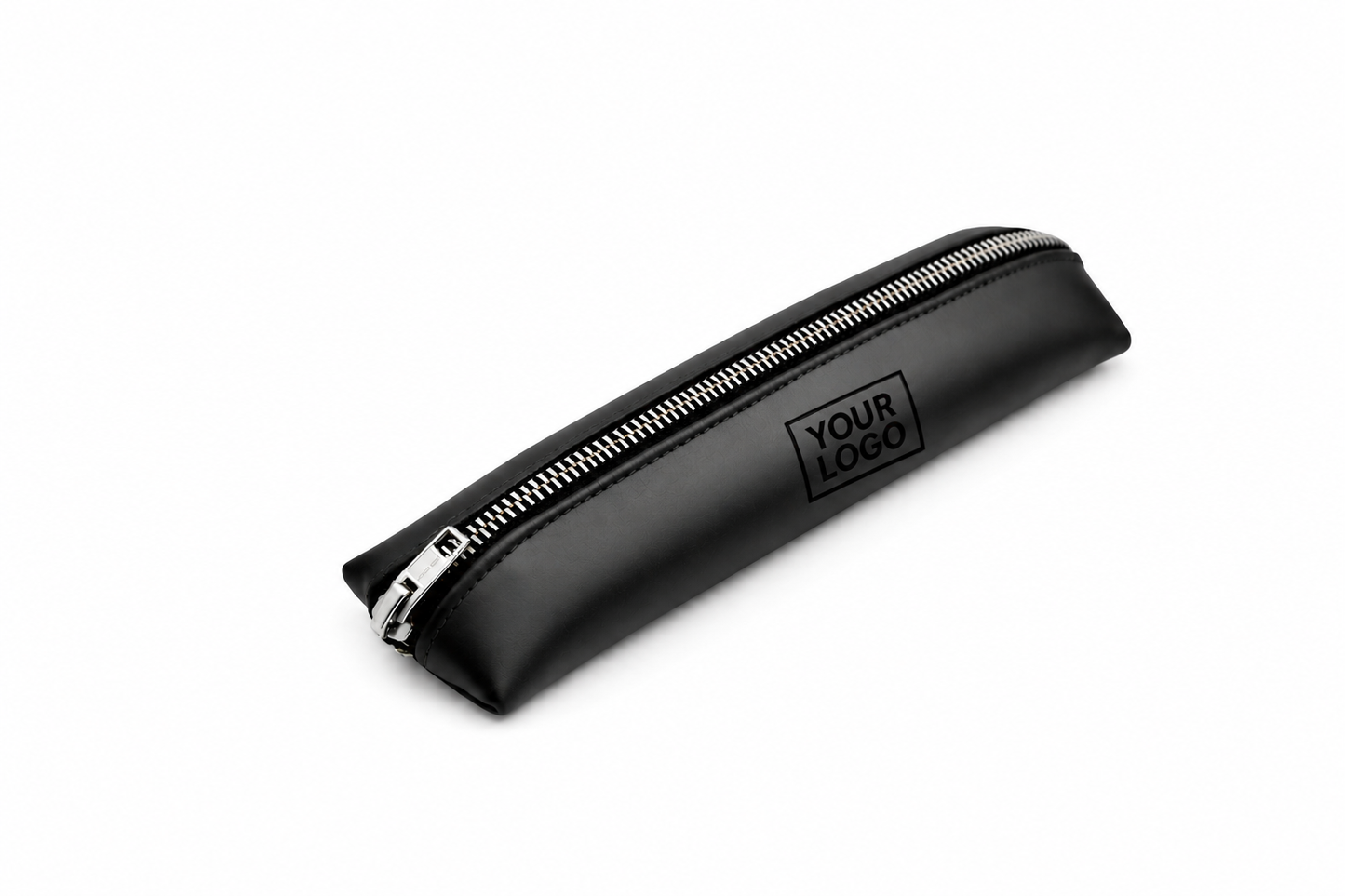 Black leather pencil case with zipper on a white background with your logo placeholder