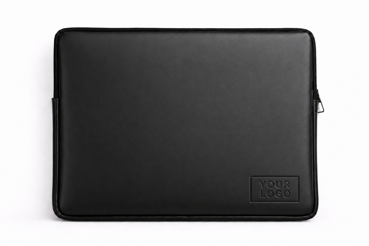 Black ROND leather laptopsleeve with 'Your Logo' on a white background