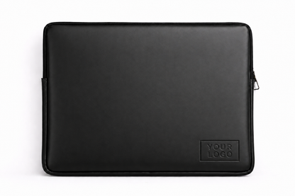 Black ROND leather laptopsleeve with 'Your Logo' on a white background