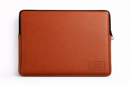 Brown leather laptop sleeve with 'Your Logo' placeholder on a white background