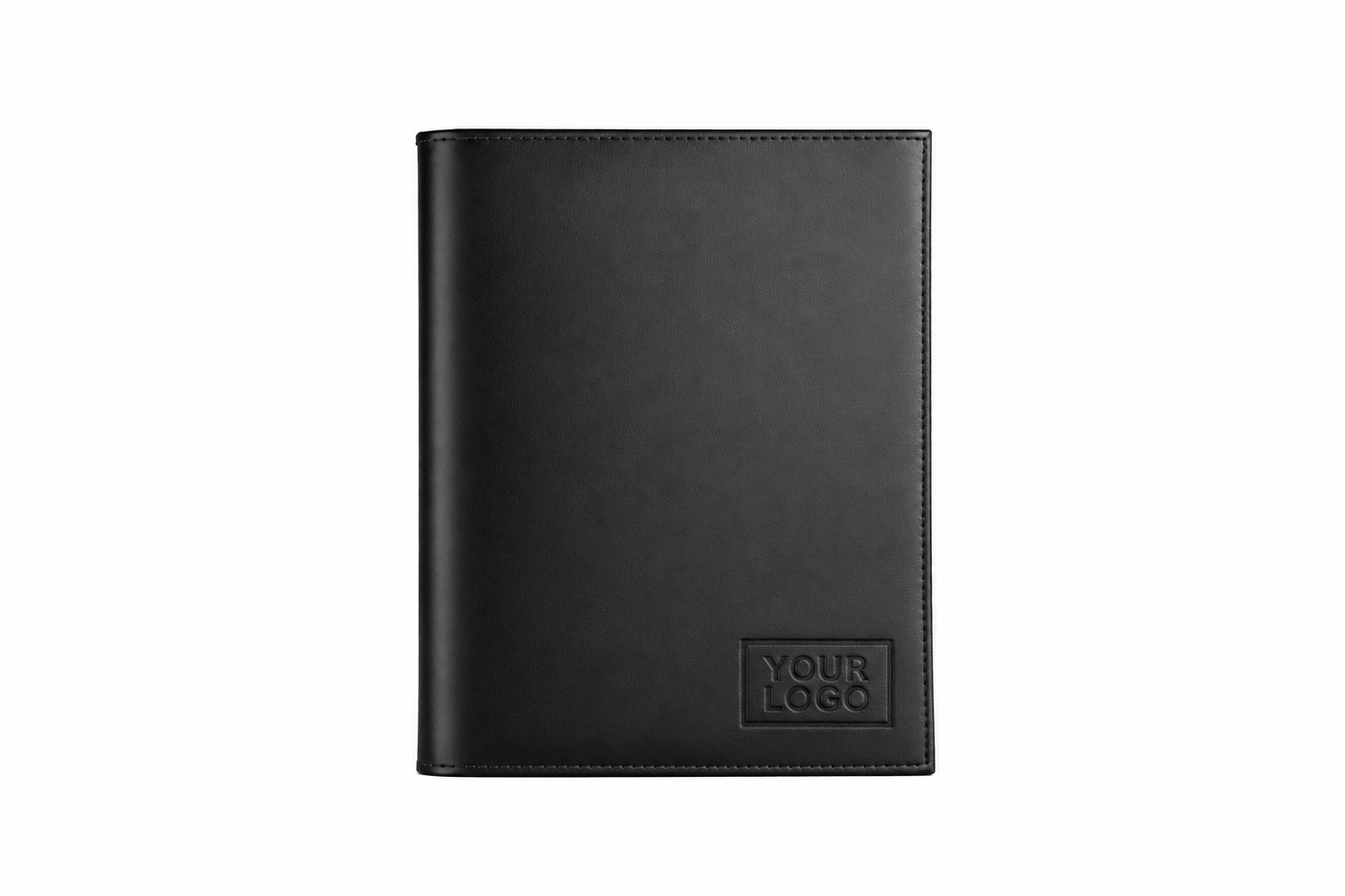 Black leather notebook with a customizable logo on a white background