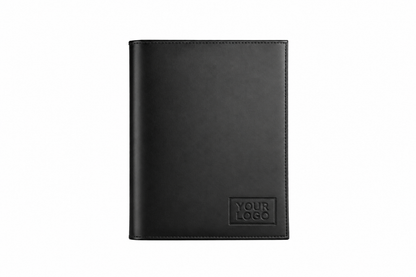 Black leather notebook with a customizable logo on a white background