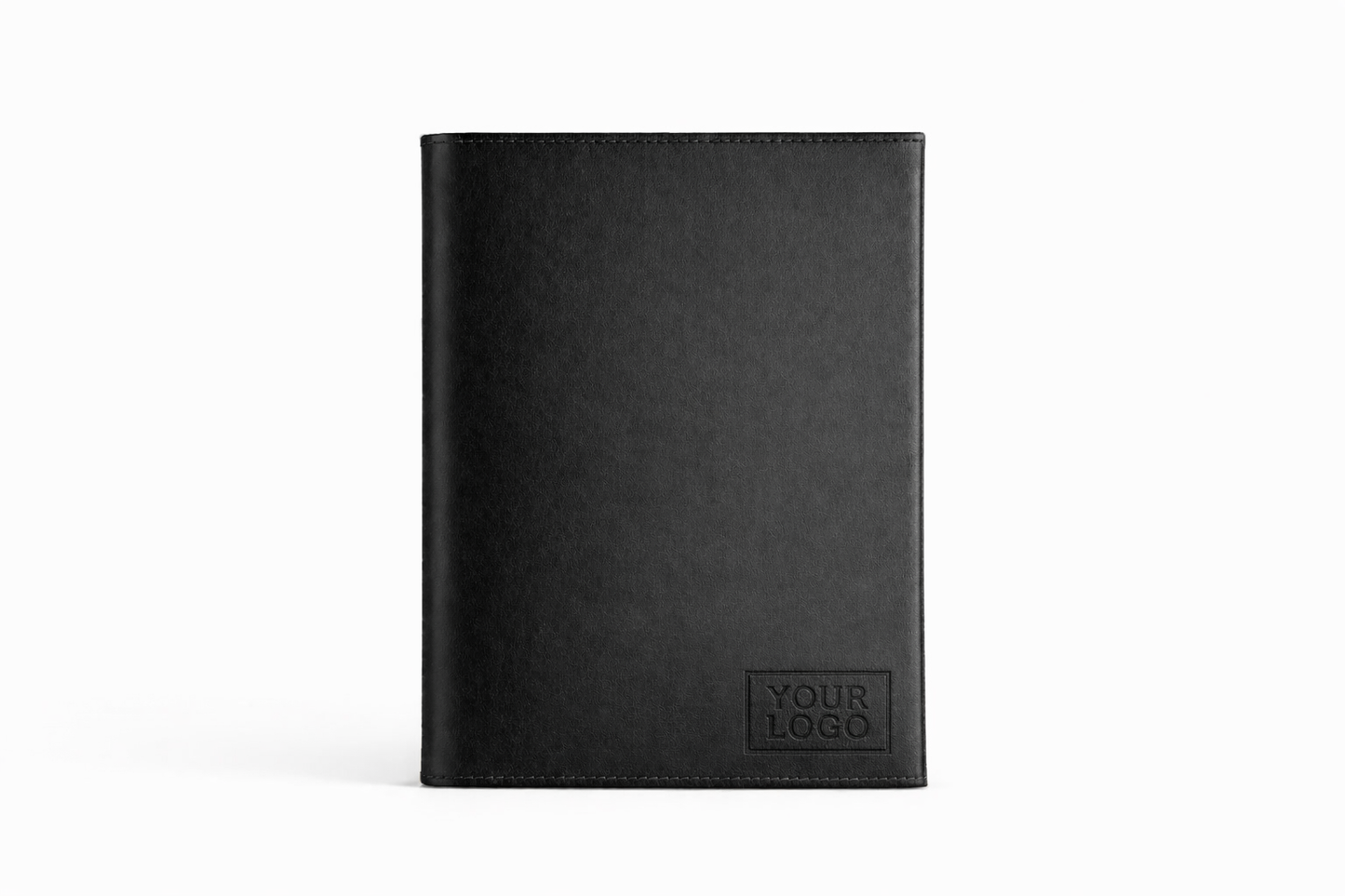 Black leather notebook with a customizable logo on a white background
