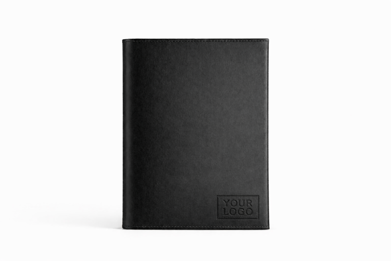 Black leather notebook with a customizable logo on a white background