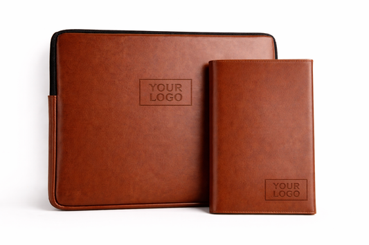 Brown leather laptopsleeve and notebook with 'Your Logo' placeholder on a white background