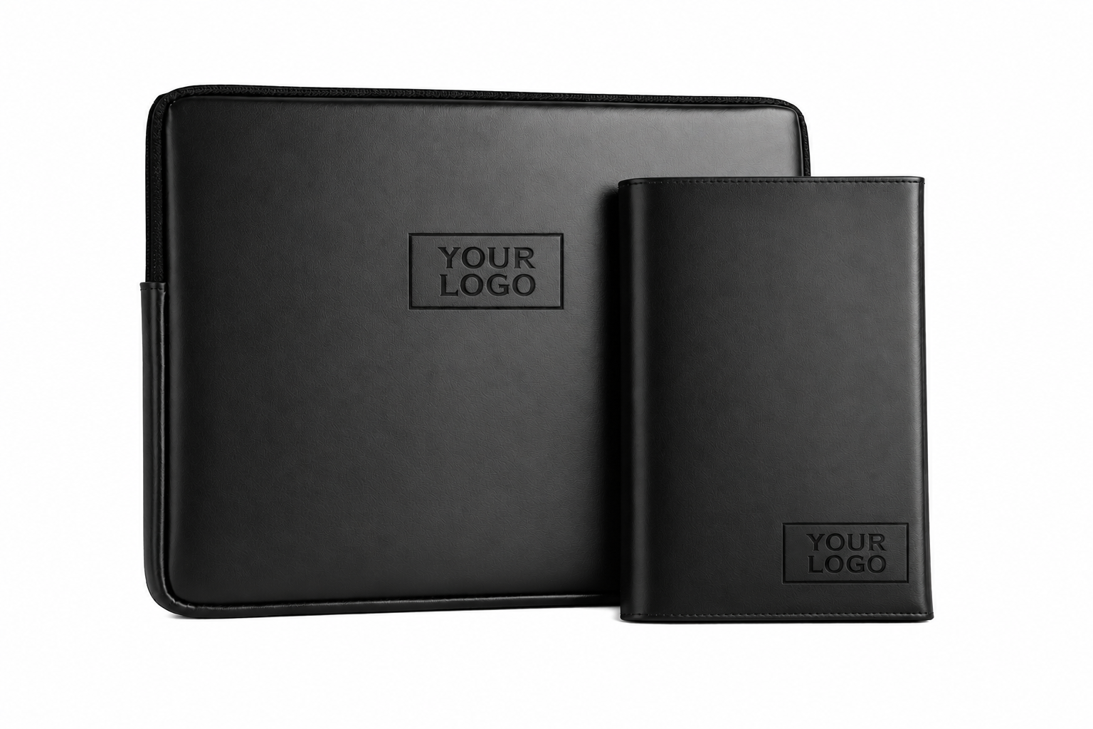 Black leather laptopsleeve and notebook with 'Your Logo' placeholder on a white background