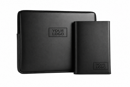 Black leather laptopsleeve and notebook with 'Your Logo' placeholder on a white background