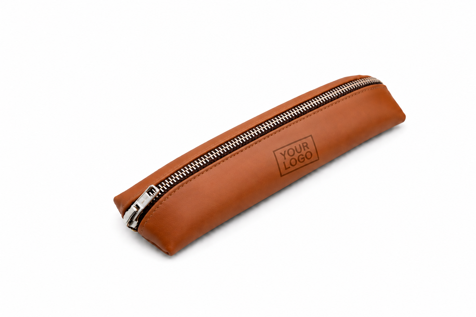Brown leather pencil case with zipper on a white background