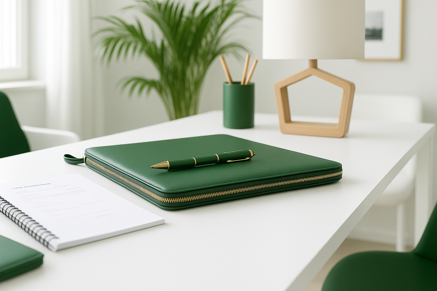 Green leather laptopsleeve with pen on a white desk with a plant and decor items in the background