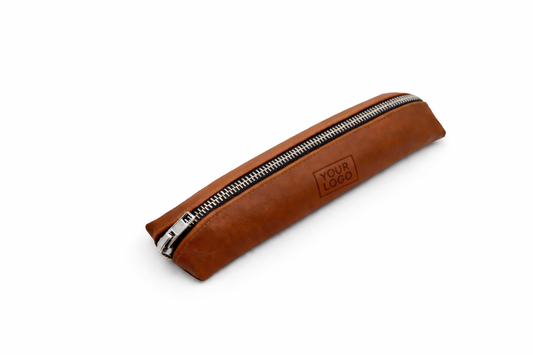 Brown leather pencil case with zipper on a white background with your logo placeholder